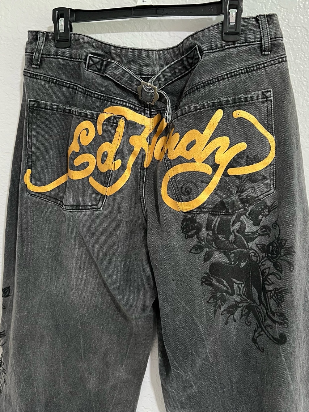 Ed Hardy Black Washed Jeans Embroidered Logo Wide Leg Size 34 Retro School - Picture 3 of 10